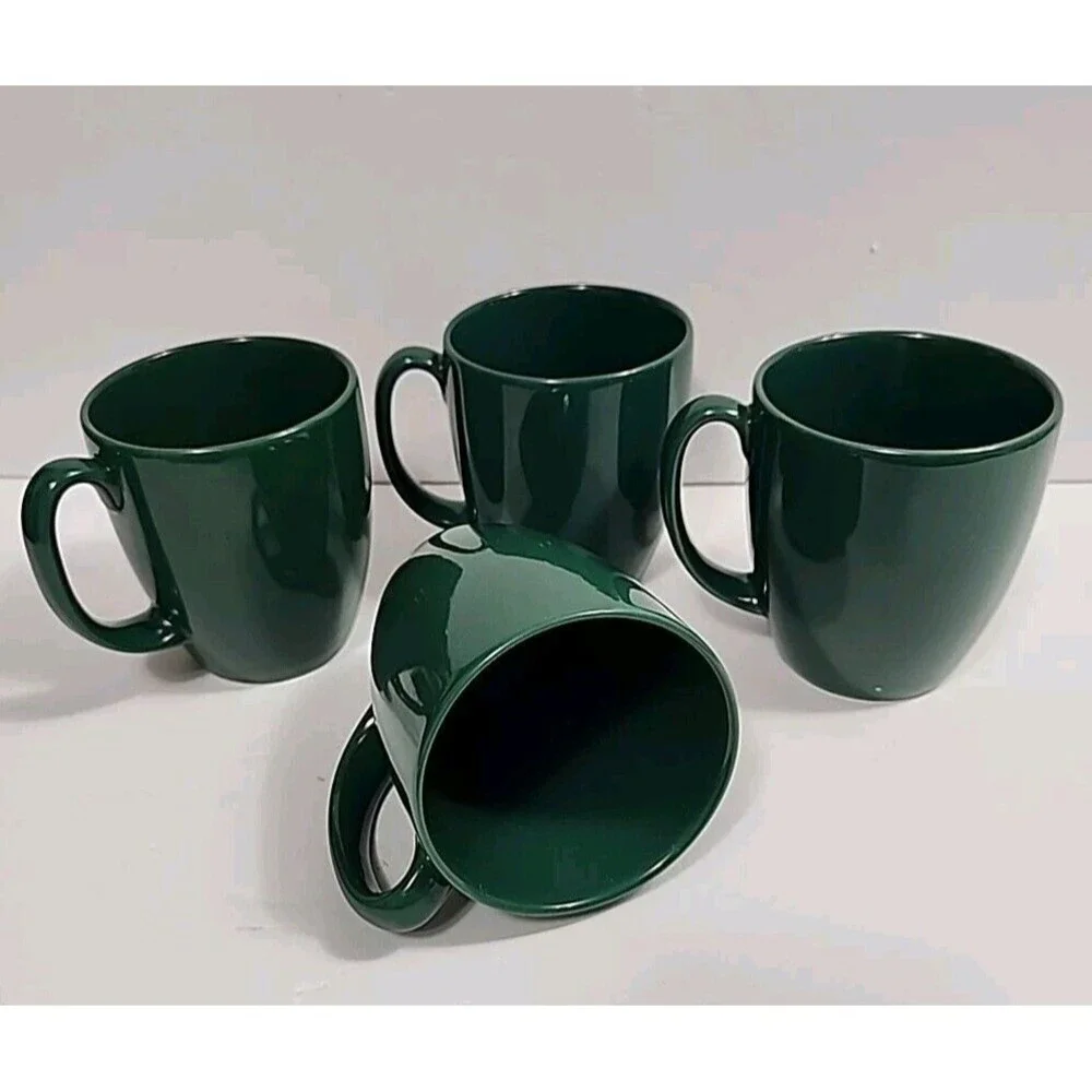 SET OF 4 Corelle Stoneware Dark Green Mugs/Cups Made In Thailand